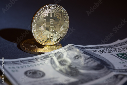 bitcoins lie in dollar bills photo