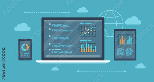 Online auditing, analysis  concept. Web and mobile service. Financial reports, charts graphs on screens of a laptop, phone, tablet. Business background banner. Vector illustration