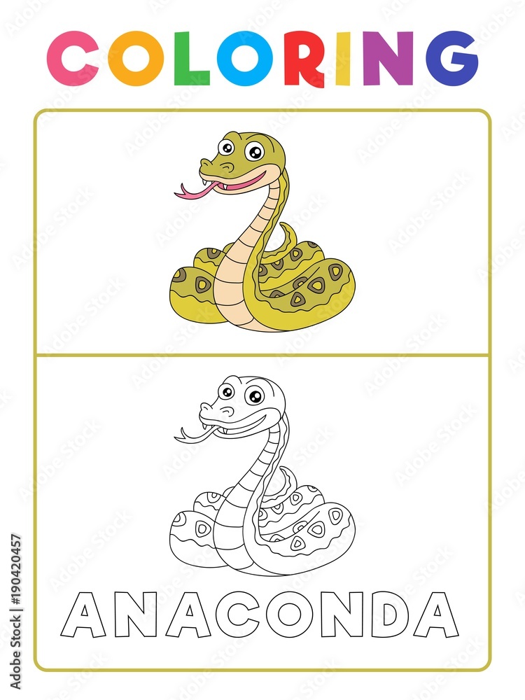 Funny Anaconda Snake Animal Coloring Book with Example. Preschool worksheet  for practicing fine colors recognition skill. Vector Cartoon Illustration  for Children. Stock Vector | Adobe Stock