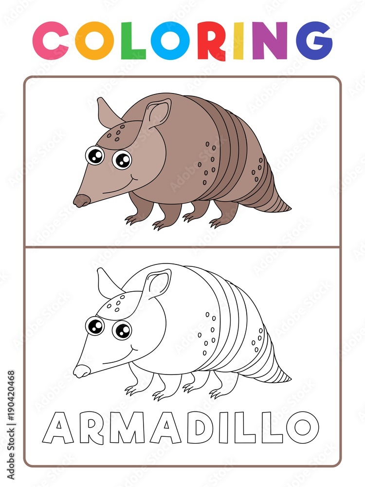Funny Armadillo Animal Coloring Book with Example. Preschool worksheet for  practicing fine colors recognition skill. Vector Cartoon Illustration for  Children. Stock Vector | Adobe Stock