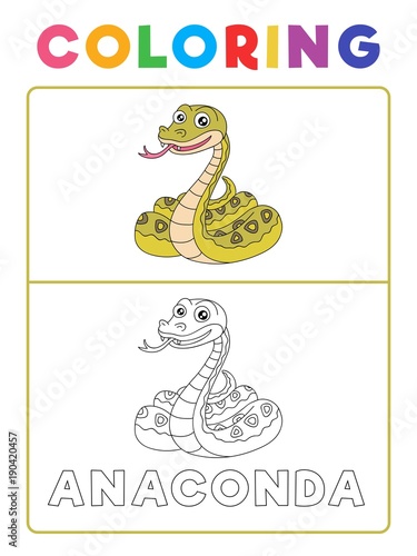 Funny Anaconda Snake Animal Coloring Book with Example. Preschool worksheet for practicing fine colors recognition skill. Vector Cartoon Illustration for Children.