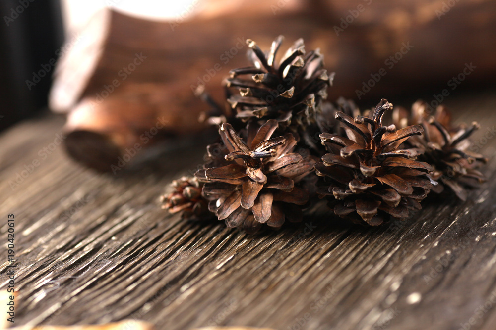 pine cones on a wooden table