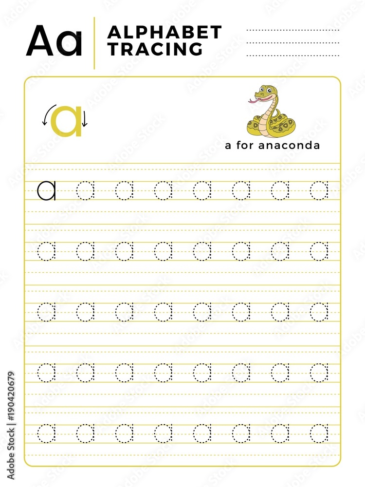 Letter A Alphabet Tracing Book with Example and Funny Anaconda Snake Cartoon. Preschool worksheet for practicing fine motor skill. Vector Illustration for Children. Stock Vector | Adobe Stock Letter A Alphabet Tracing Book with Example and Funny Anaconda Snake Cartoon. Preschool worksheet for practicing fine motor skill. Vector Illustration for Children. Stock Vector | Adobe Stock