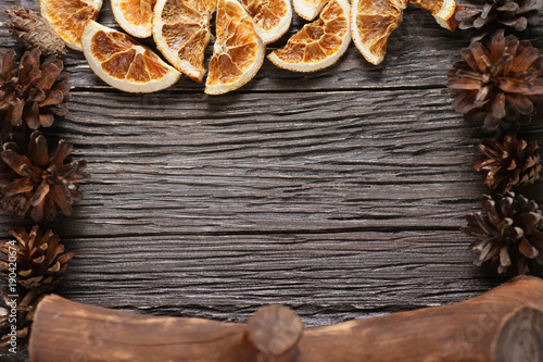 Dried oranges on a wooden table