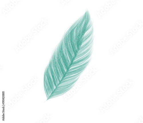Colorful hand drawn bright blue design feather on white background, cartoon isolated illustration painted by pen and pencil paper chalk, high quality