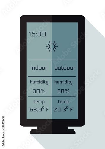 Home weather station widget, flat. Weather station home equipment, indicated temperature in Fahrenheit degrees and relative humidity in percents indoor, outdoor. Wireless climate monitoring equipment.