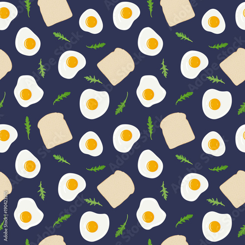 Fried eggs, toast bread and arugula (rucola, rocket salad) breakfast seamless pattern. Fresh toasted bread, fried eggs and greens. Yummy breakfast. Vector hand drawn illustration seamless pattern.