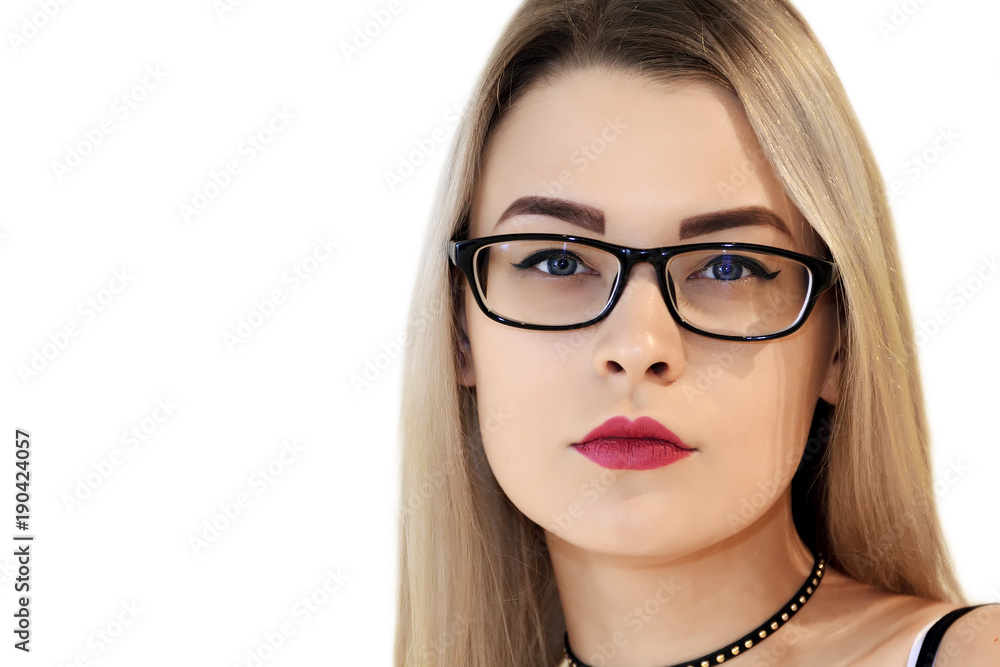 gorgeous blond in glasses isolated on white background. Sexy look, straight to the camera. gorgeous blond in glasses isolated on white background. Sexy look, straight to the camera.
