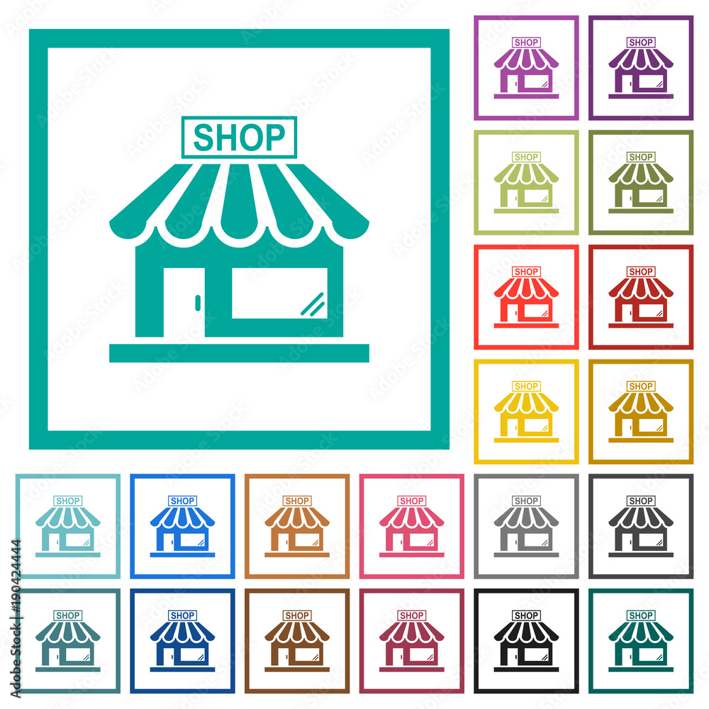 Store front flat color icons with quadrant frames