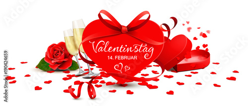 Valentinstag - Herz Karte mit Schleife, Geschenk, Sekt, Rose und Herz Konfetti 