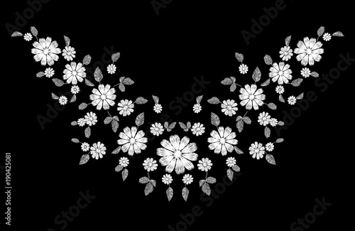 White lace flower embroidery neckline ornament. Fashion decoration stitched texture template. Ethnic traditional daisy field plant leaves textile print design vector illustration