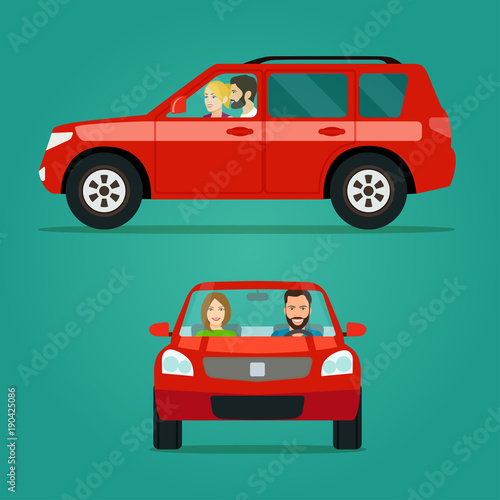 Red car two angle set. Car with couple side view and front view. Vector flat style illustration.