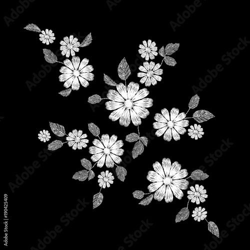 White lace flower embroidery patch. Fashion decoration stitched texture template. Ethnic traditional daisy field plant leaves textile print design vector illustration
