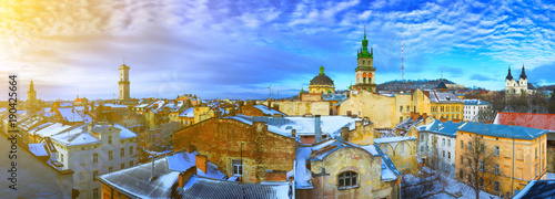 Winter aerial panoramic view of Old Historic Town in Lviv with churches and houses of the historical medieval part of the city. Ukraine.