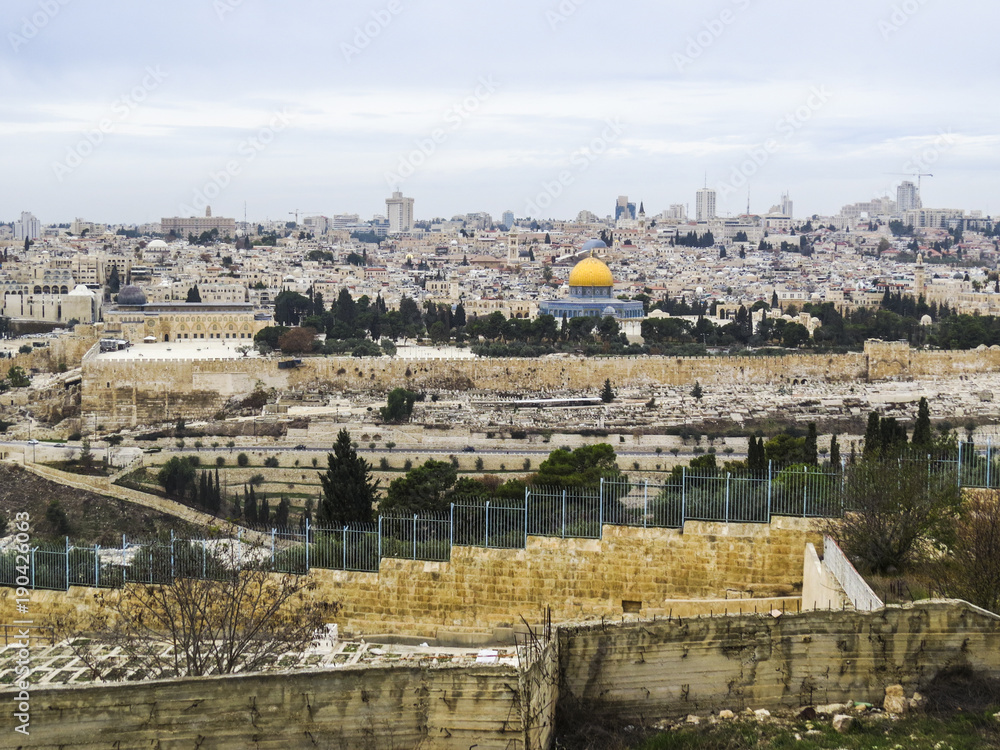 Jerusalem, Israel -  view of The Old City of Jerusalem from the Mount of Olives