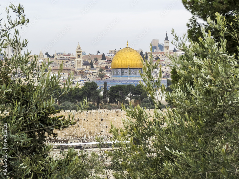 Jerusalem, Israel -  view of The Old City of Jerusalem from the Mount of Olives. closeup of the The Dome of the Rock