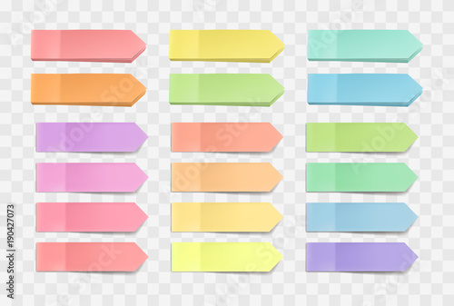 Vector colorful bright sticky notes, pack of stickers with shadows isolated on a transparent background. Multicolor paper adhesive tape, rectangle empty office blanks, reminder lists. Great for banner