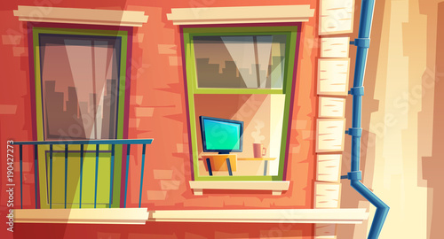 Vector illustration of multi-storey apartment, cabinet interior with furniture, home outside concept, balcony on a building. Architecture, networking, advertising, promotion, web background.
