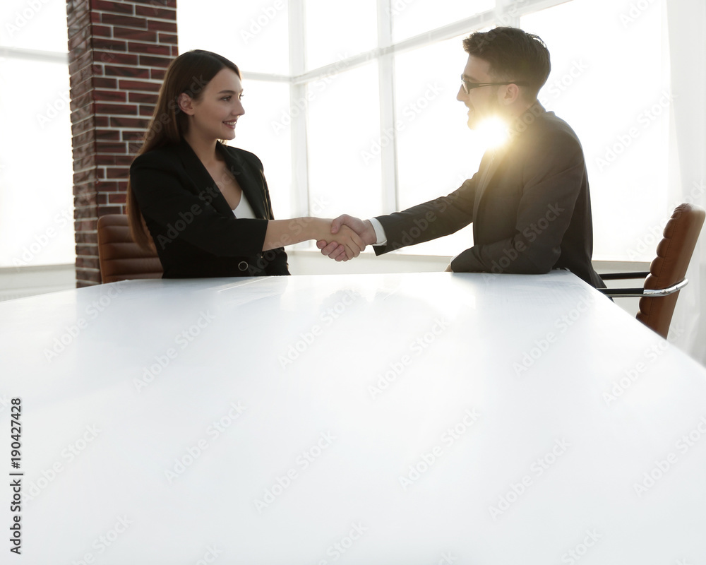 Fototapeta premium Friendly smiling business people handshaking after pleasant tal