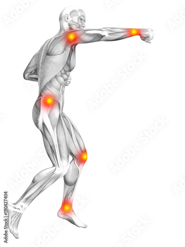 Conceptual human muscle anatomy with red and yellow hot spot inflammation or articular joint pain for health care therapy or sport concepts. 3D illustration man arthritis or bone osteoporosis disease