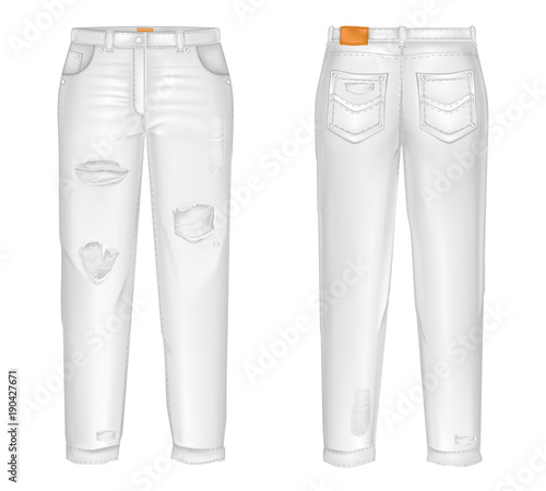 Vector realistic white jeans with rips, gaps. Pair of unisex trousers isolated on white background. Classic casual, modern pants with pockets 3d illustration. Mockup for internet design, promotion