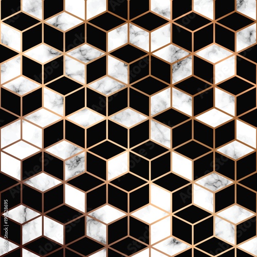 Vector marble texture, seamless pattern design with golden geometric lines and cubes, black and white marbling surface, modern luxurious background