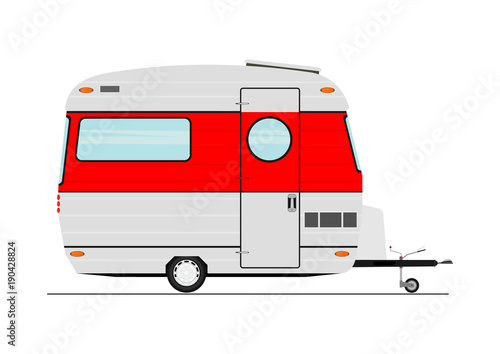Cartoon caravan. Retro style small camper trailer. Towed trailer without car. Flat vector.