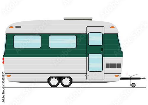 Cartoon caravan. Retro style twin axle camper trailer. Towed trailer without car. Flat vector.