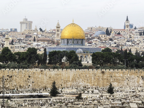 Jerusalem, Israel - view of The Old City of Jerusalem from the Mount of Olives. closeup of the The Dome of the Rock