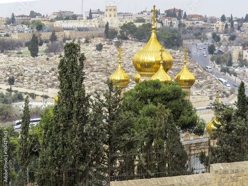 Jerusalem  Israel - view of The Old City of Jerusalem from the Mount of Olives. closeup of the Russian Church