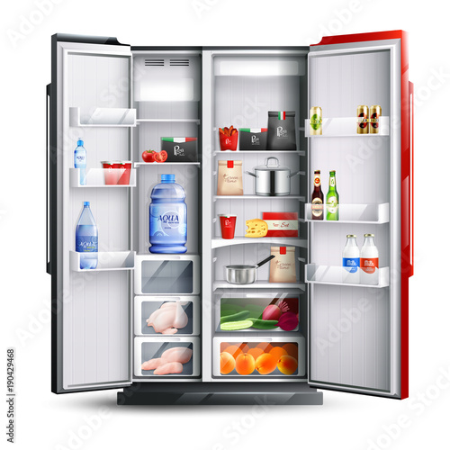 Red Open Refrigerator With Products 