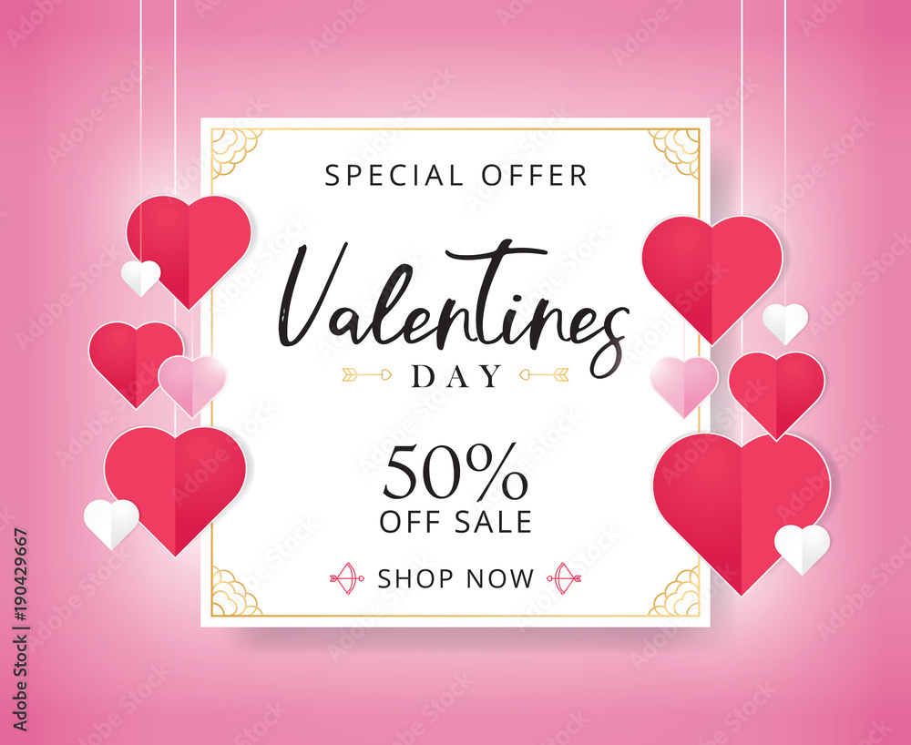 Valentines day sale background with heart shaped. Flyer template with decorative hearts. Banner or Flyer design of Sale with 50% discount offer. Vector flyer template