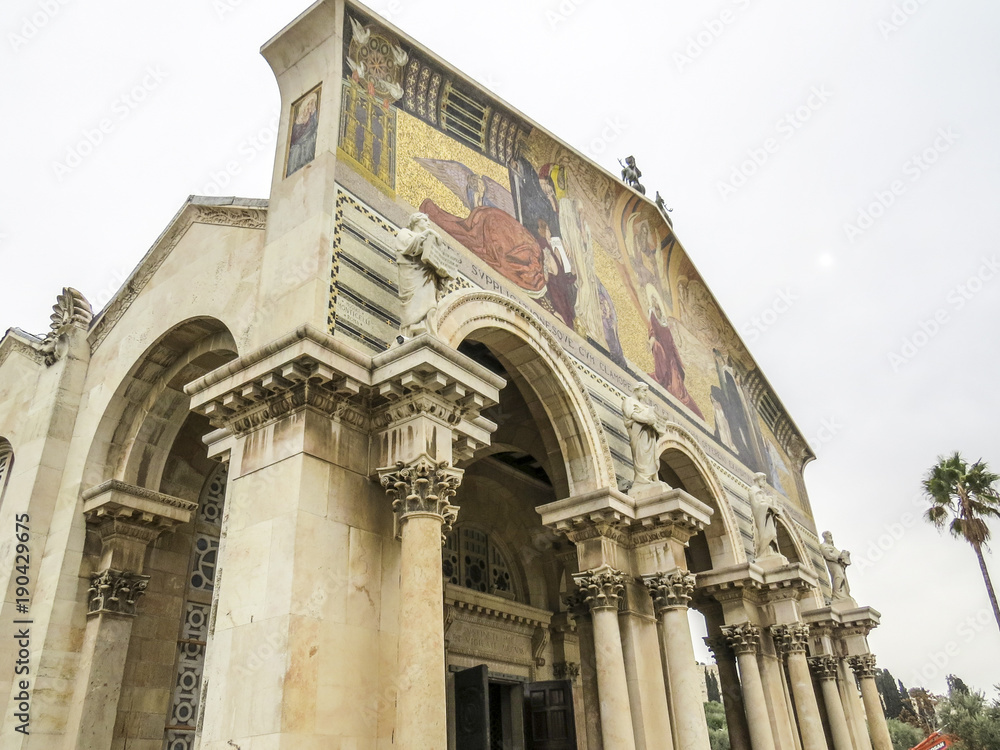 Jerusalem, Israel - Facade of the Church of All Nations also known as the Basilica of the Agony. It is a Roman catholic church located on the Mount of Olives in Jerusalem