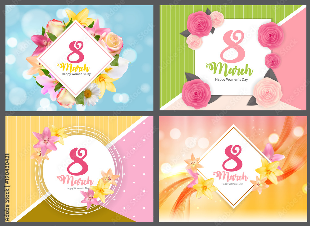 Poster International Happy Women s Day 8 March Floral Greeting card COllection Set Vector Illustration Poster International Happy Women s Day 8 March Floral Greeting card COllection Set Vector Illustration