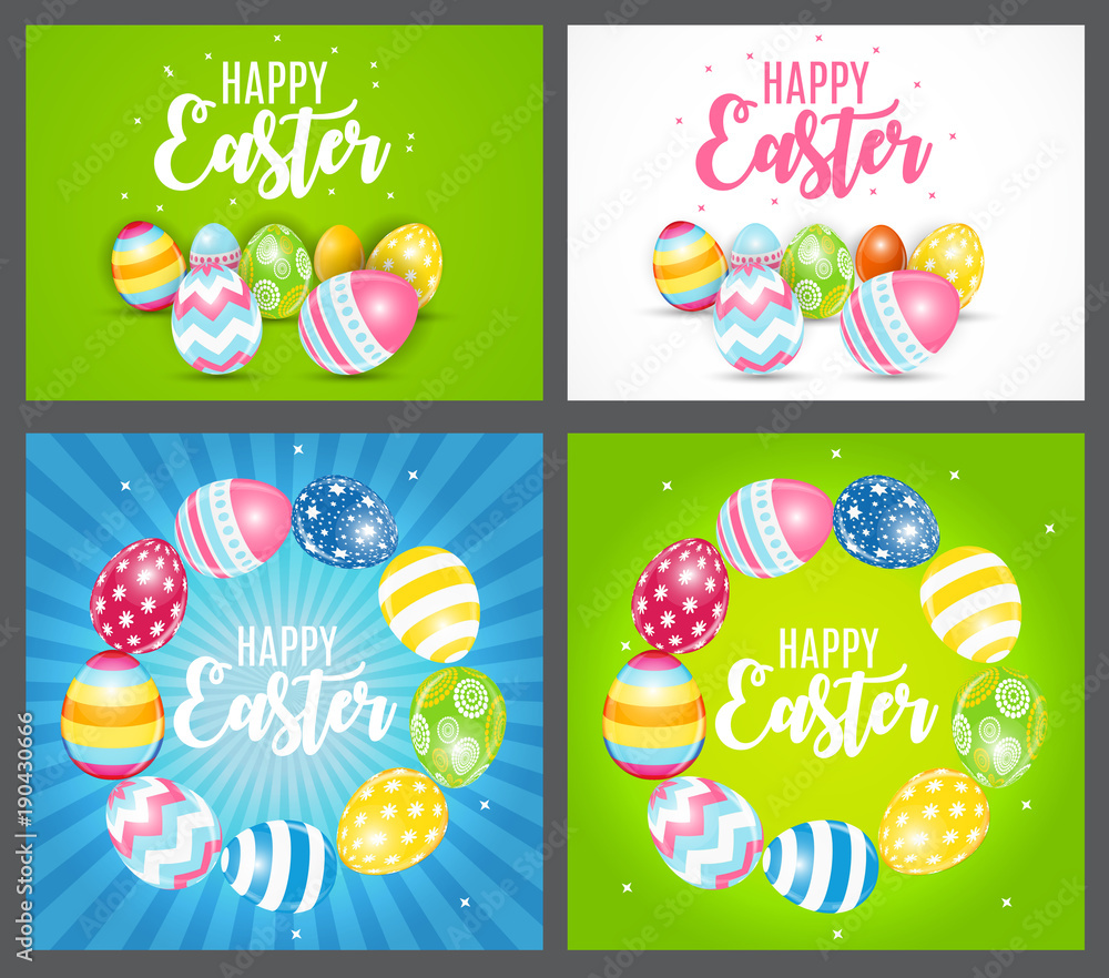 Happy Easter Cute Background with Eggs. Collection Set Cards. Vector Illustration