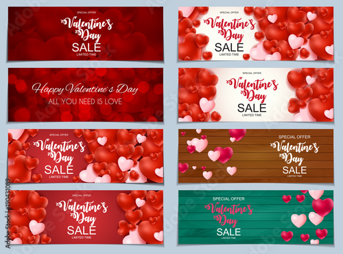 Valentines Day Sale, Discont Card Collection Set. Vector Illustration