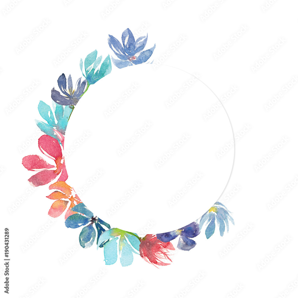 Watercolor hand drawn illustration of round space for text and flower wreath background isolated on white