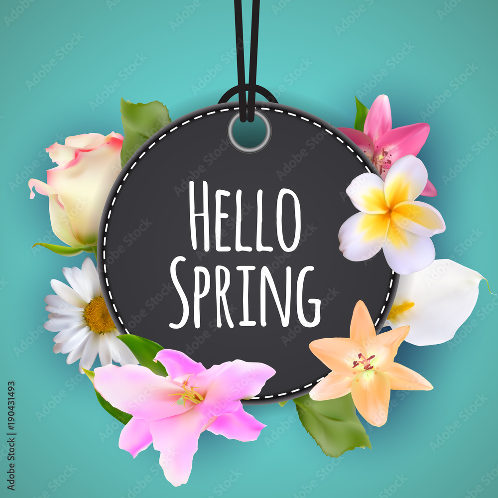 Fototapeta premium Hello Spring Banner Greetings Design Background with Colorful Flower Elements. Vector illustration
