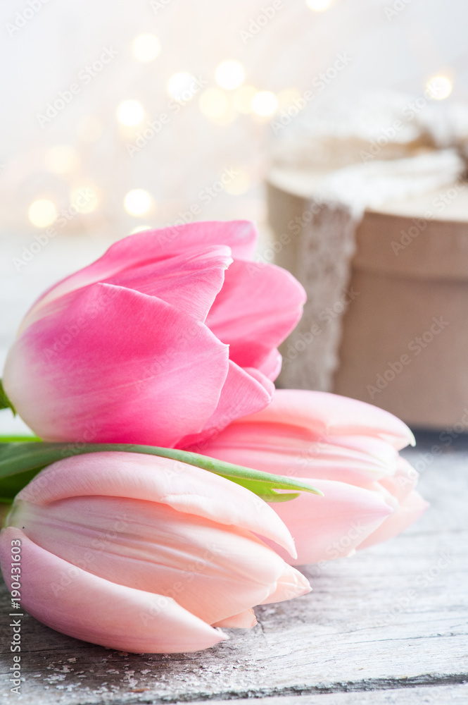 Pink tulip flower, lights