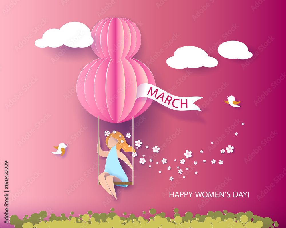 Card for 8 March womens day. Woman on teeterboard. Abstract background with text and flowers .Vector illustration. Paper cut and craft style.