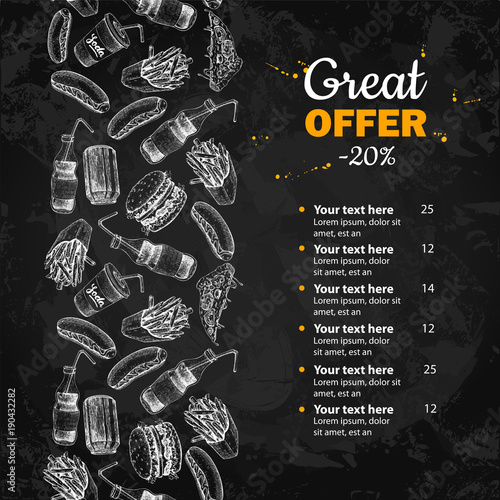 Fast food vector hand drawn menu. Blackboard  junk food