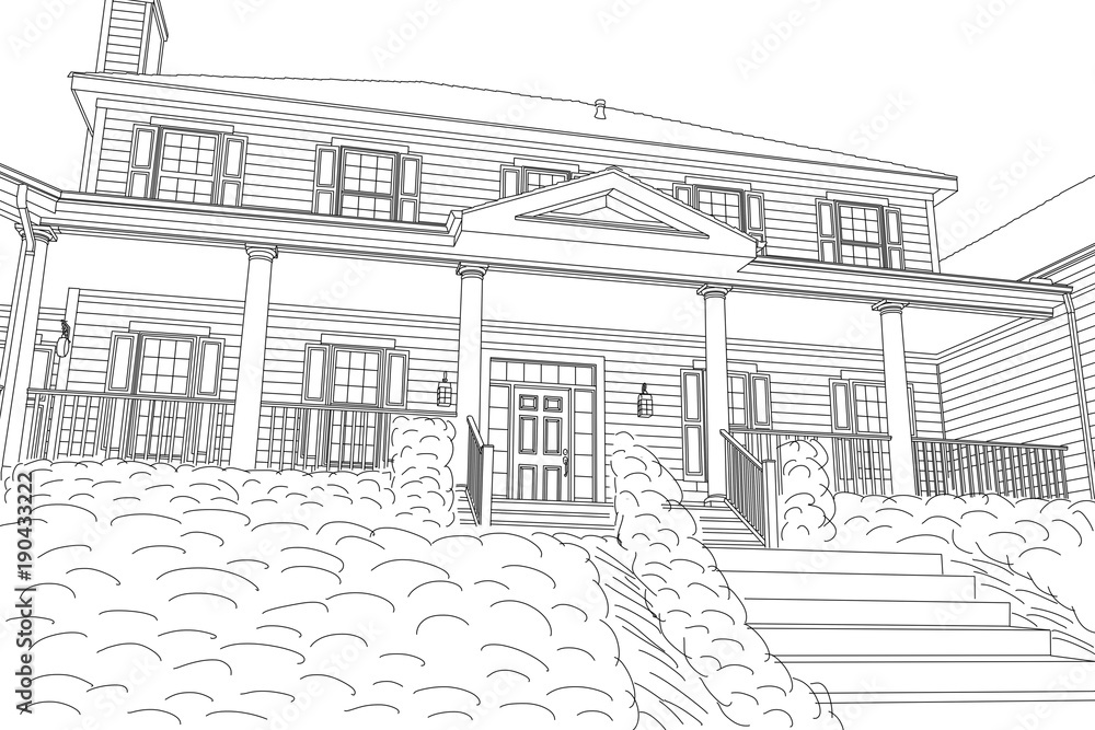 Beautiful Custom House Drawing on a White Background.
