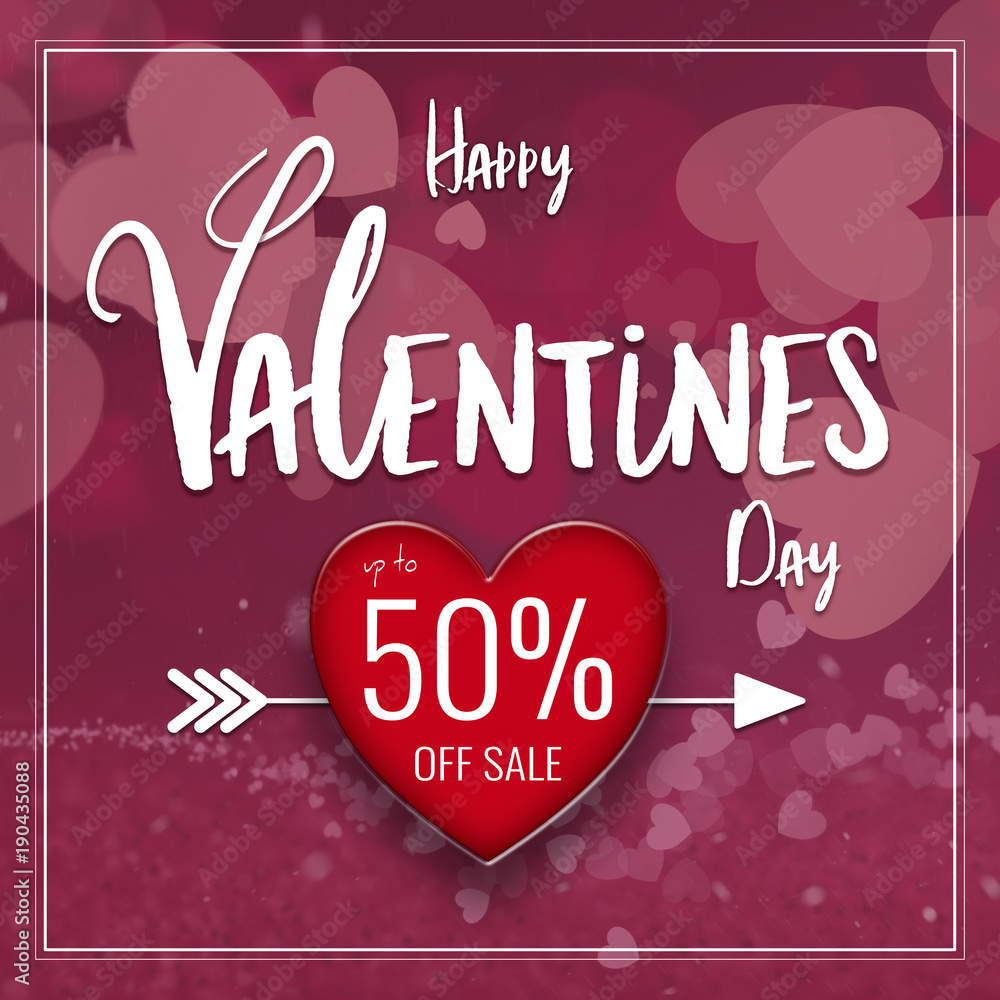 Valentines Day Sale Up To 50% Off Banner with red love hearts.