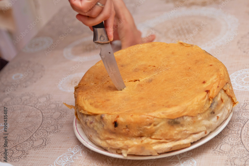 Shah Pilaf with fire on a table in restaurant . Shah pilaf. Khan pilaf