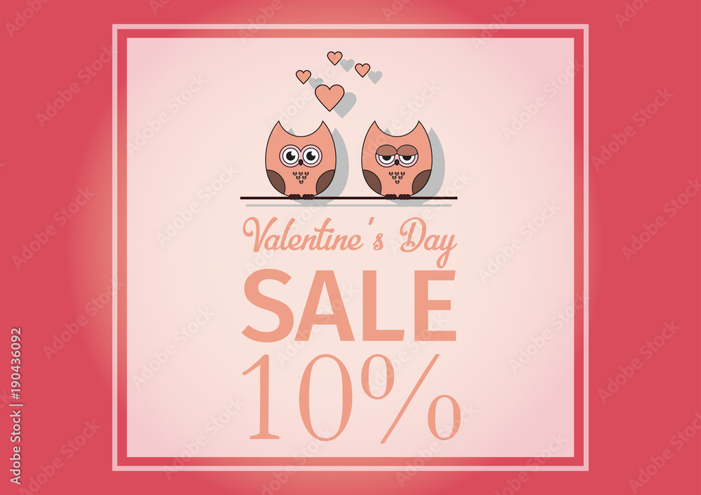 Obraz premium love Invitation card Valentine's day , paper cut mini heart, cut owls, loving owls, glare.Frame Sale day. Vector illustration.