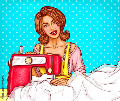 Pop art woman dressmaker sewer vector sketch illustration. Adult girl seamstress in atelier tailor salon sitting at sewing machine and sew clothe isolated on blue dotted background
