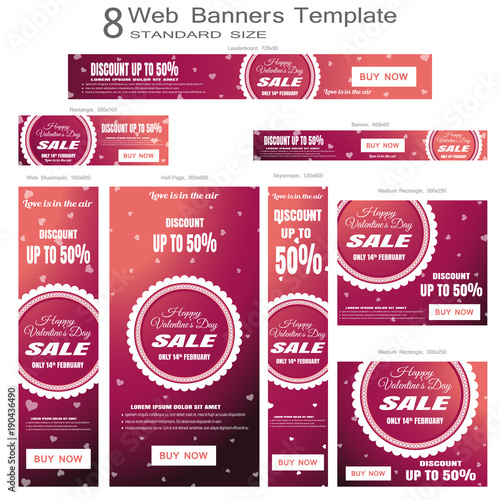 Gradient pink web banners of Valentine's Day Sale vector set of standard size on the gray background.