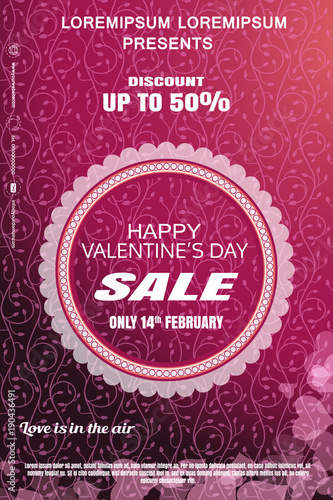 Vector Valentine s Day sale poster with round label  gradient pink background  floral pattern.