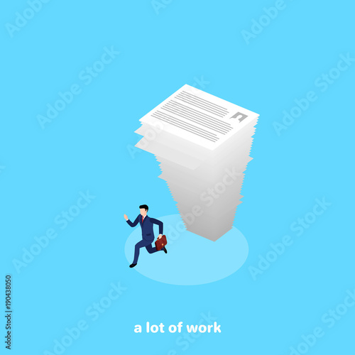 a falling large stack of paper on a runaway man in a business suit, an isometric image