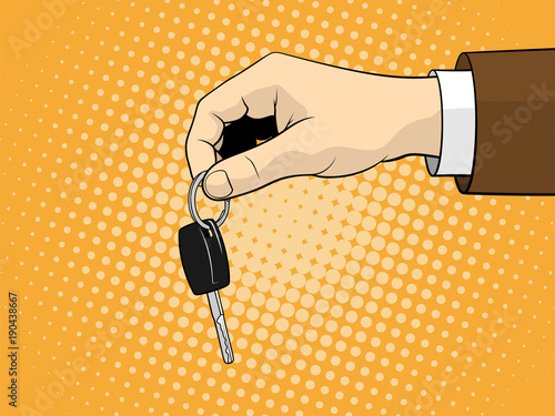 Man holding car key. Vector illustration. Pop art style